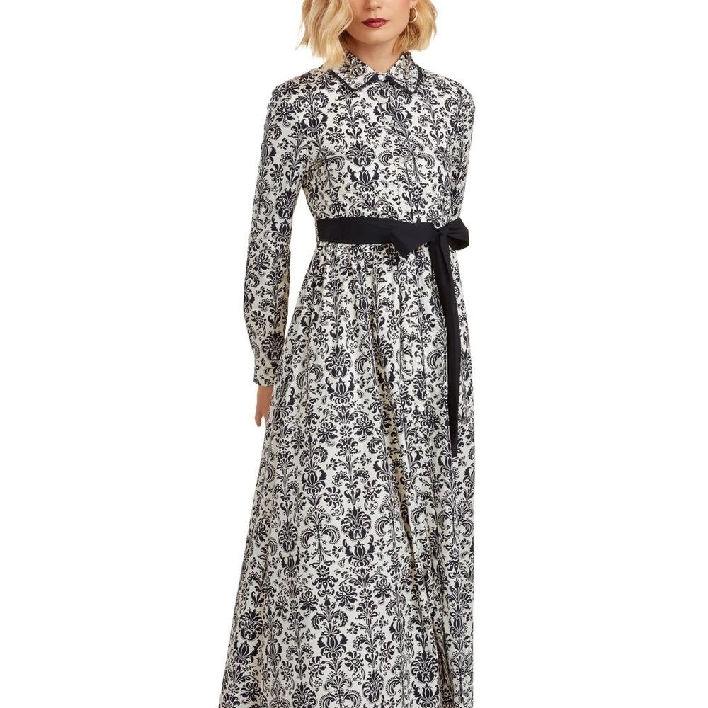 Trish Scully Costance Maxi Dress NWT Size 0 | Navy Damask Cottagecore Button-Up - Picture 3 of 12